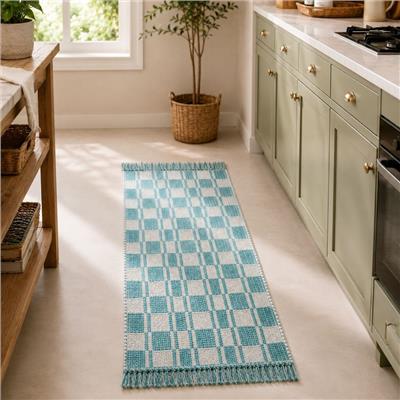 Teal Tide Fringe Cotton Floor Runner 130x50cm Online - Premium Rug | Nestasia