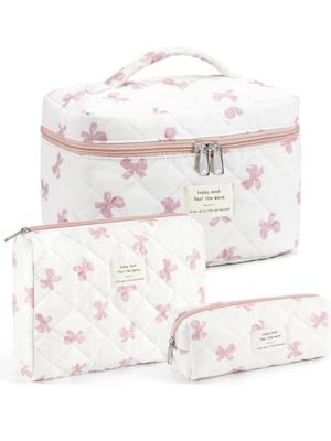 Amazon.com : UUYUUY Makeup Bag for Women 3PCS Quilted Cotton Make Up Bag Travel Cosmetic Bag Large Makeup Bag Set Cute Bow Makeups Purse Organizer Flo