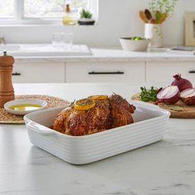White Ribbed Medium Rectangle Roaster | Dunelm