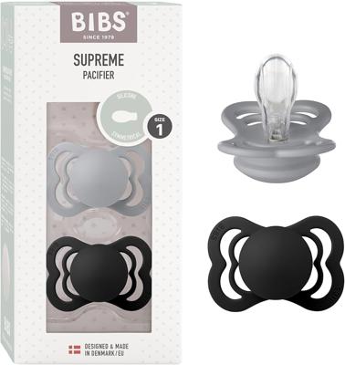 BIBS Supreme Soother 2-Pack, BPA Free Dummy Pacifier, Symmetrical Nipple. Silicone, Size 1 (0-6 Months), Cloud/Black : Amazon.co.uk: Baby Products