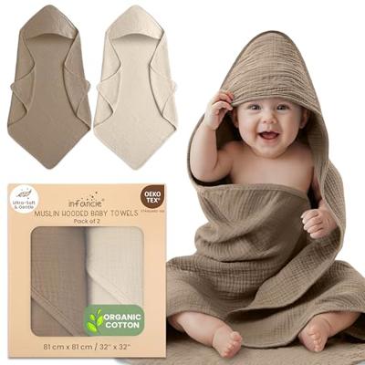 infancie Hooded Baby Towel - 2 Pack Muslin Baby Towels for Infants, Organic Cotton Bath Towels with Hood - Super Soft, Absorbent and Durable (Olive/Iv