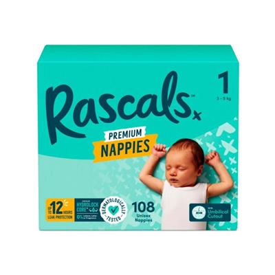 Buy Rascals Premium Nappies Size 1 (3-5kg) 108 Pack | Coles