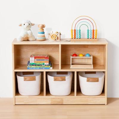 OOOK Rubber Wood 5-Compartment Montessori Shelf, 90 cm Toddler Bookshelf, 2-Tier Wooden Storage Cabinet, Kids Classroom Organizer, Playroom, Daycare a