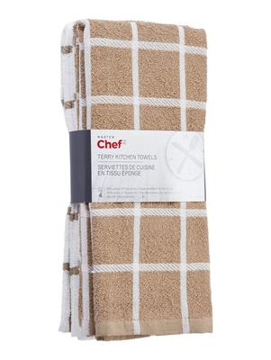 MASTER Chef Terry Cotton Checkered Kitchen Towels, Reusable, 16-in x 26-in, 4-pk, Brown/White