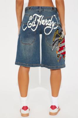Ed Hardy Wings Of Love Baggy Denim Jorts - Medium Wash | Fashion Nova