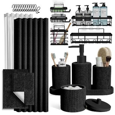 Hearth & Harbor Black Bathroom Set, 26PC Bathroom Accessories Set with Shower Curtain, Bath Rugs and Adhesive Shower Caddy Set : Target