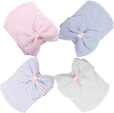 ELECDON Newborn Hat, Newborn Infant Baby Hospital Hat Cap with Bow Knot Nursery Beanie Soft Cute, Blue, White, Pink 4 Pack, First Hat Knit Caps for Ba