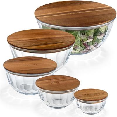 dokaworld Large Stackable Set of 5 Nesting Glass Bowls with Acacia Lids for Foodprep, Storage, Baking, Sourdough Mixing & Cooking. Microwave & Oven Sa