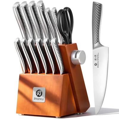 imarku 14-Piece Knife Set, Japanese Stainless Steel Knives Set for Kitchen, Full-Tang Gyutou Knife Sets with Block and Build-in Sharpener, Brown, Dish