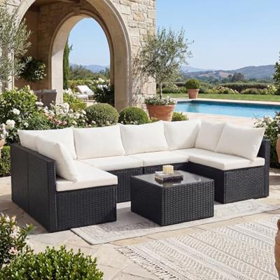 DUMOS 7 Piece Outdoor Patio Sectional Sofa, Modular Wicker Furniture Set with 2.8 Thick Cushions, Adjustable Feet, Weather-Resistant Rattan Outdoor C