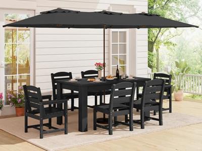 SERWALL Patio Dining Set with 15FT Double Side Umbrella, Outdoor Dining Sets for 6 with 1 Umbrella Hole Cut-Out Rectangular Table and 6 Chairs, HDPE D