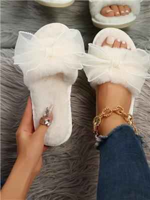 Fall/Winter Elegant Fashion Textile Faux Pearl Decor Ladies Home Slippers, Spring & Autumn,Fluffy Slippers | SHEIN