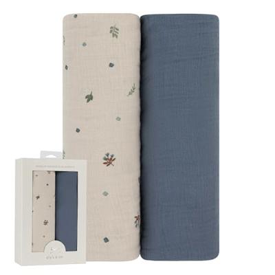 Elys & Co. Muslin Swaddle Blanket 2-Pack — 100% Cotton Muslin Extra-Large Swaddle Blankets (47” x 47”) Solid + Printed (Blue Garden Flower)