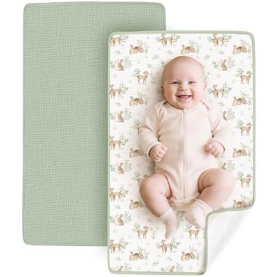 Konssy 2 Pack Waterproof Muslin Cotton Portable Changing Pad 30x 17, Soft & Foldable Baby Changing Mat Travel Pad with Terry Backing, Shower Gift fo