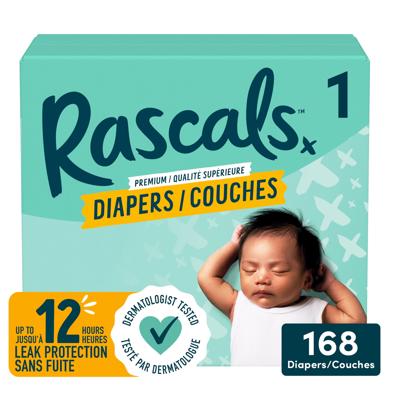 Rascals Premium Absorbent Baby Diapers, Size 1, Carton, 168 Count - Walmart.ca