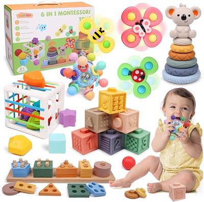 Amazon.com: YHHYTOY 6-in-1 Montessori Baby Toys 0-6 6-12 Months, Infant Teething Toys Soft Stacking Blocks Rings Shape Sorter Sensory Fidget Spinners