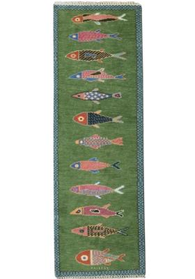 Koi Fish Runner Rug: Green Colorful Carpet Handmade Wool Area Rug - Etsy Canada