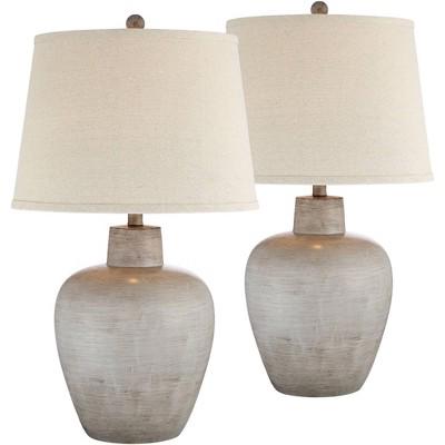 Regency Hill Glenn Rustic Country Cottage Table Lamps 27 Tall Set of 2 Brushed Gray Terra Cotta Beige Fabric Shade for Bedroom Living Room Nightstand