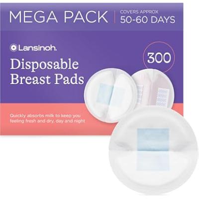 Lansinoh Disposable Breast Pads for nursing breastfeeding mothers, essential for hospital bag, thin super absorbent layers, discreet fit, 60 Count (Pa
