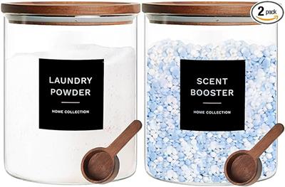 Amazon.com: Glass Laundry Storage Containers with Acacia Lids and Scoops, 2 Pack Laundry Room Organization Jars with Labels, Powder Detergent Organize