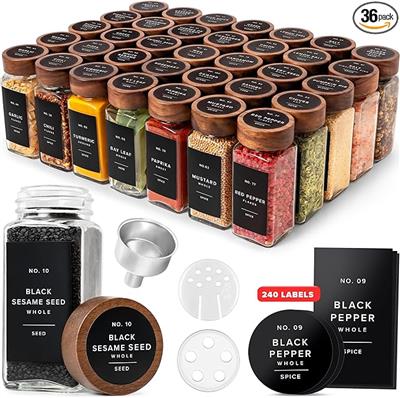 Amazon.com: EDELHAUS® Square Spice Jars with Acacia Wooden Lid (Pack of 36) Spice Jars with Shaker Insert and 240 Labels - Acacia Lids Glass Container