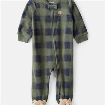 Baby Boy Bear Plaid Print Loose Fit Long-Sleeve Sleeper - Green