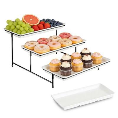 4 Tier Serving Tray Set with Stand, 14 Inch Melamine Tiered Dessert Stand, Black Foldable Metal Rack, for Party, Wedding, Fruit, Appetizer Display : T