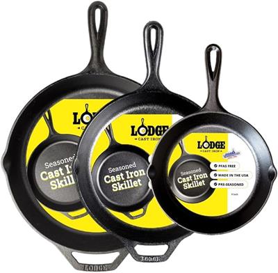 Amazon.com: Lodge Seasoned Cast Iron Skillet Set 8, 10.25 & 12 Inches - PFAS-Free, Non-Toxic Cookware - Use with an Oven, Stove, Grill, or Campfire -