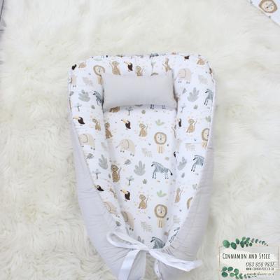 Baby Safe Nest / Safe Sleeping Pod – Dotty Drawing Safari Plain – Baby Nest/Pod | Cinnamon & Spice South Africa