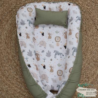 Baby Safe Nest / Safe Sleeping Pod – Dotty Safari Olive Green – Baby Nest/Pod | Cinnamon & Spice South Africa