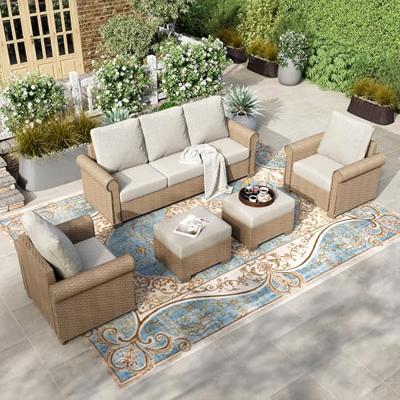 HERAS HOUSE 5 Pieces Patio Furniture Set, All Weather 7 Seats Outdoor Wicker Sofa with Ottoman, 5.5 Thick Waterproof Cushion Conversation Set for Ga