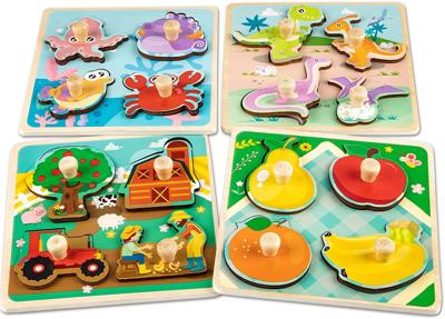 Wooden Toddler Puzzles, Peg Puzzles Gifts Toys, 4 Pcs Eco Friendly Animal Patterns Jigsaw with Handles, Infant Kid Fine Motor Skill Learning Education