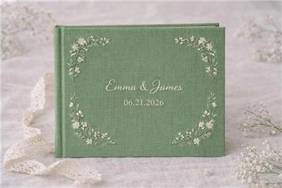 Custom Embroidered Wedding Guest Book, Personalized Linen Guestbook with Floral Embroidery, Handmade Wedding Memory Book