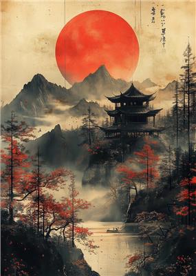Japanese Landscape with Temple and Sun Poster, picture, metal print, paint by Alphaworld | Displate