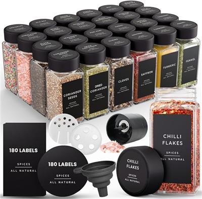 Livabl Bamboo Spice Jars with lids (120ml 24 pack) & Labels Glass Storage Jars with Bamboo Lids, 360 Minimalist Waterproof Spice Jar Labels- Airtight