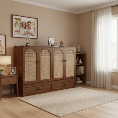 Whisen Queen Size Pine Wood Murphy Bed Cabinet Bed with Power Station & Rattan Decoration Panel - Walnut : Target