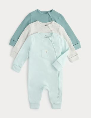 3 Pack Pure Cotton Waffle Sleepsuits (6lbs 3oz-3 Yrs) | M&S | M&S