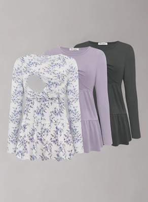 Bearsland Women’s Nursing Top 3pack Long Sleeve Scoop Neck Breastfeeding Shirts Nursing Shirt, Iron Gray & Pastel Purple & Purple Floral, L : Amazon.c