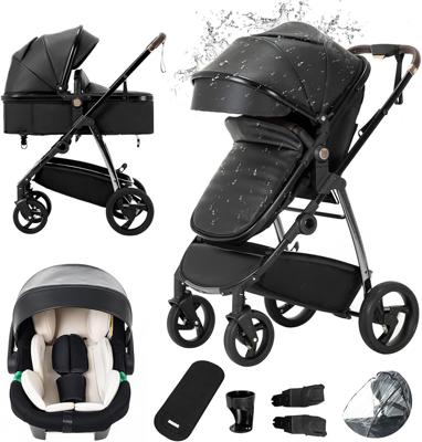 Gcarebb Leather 3 in 1 Pushchair, City Strollers with Car Seat, Portable One-Click Folding Walking Stick Stroller, Landscape Combined Strollers High A