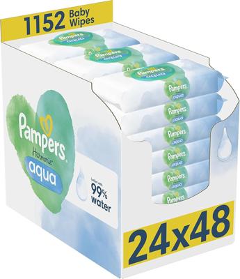 Pampers Harmonie Aqua Baby Wipes Plastic Free 24 Packs of 48 Wipes, 1152 Baby Wet Wipes, Help restore natural skin pH, Delicate lotion with 99 percent