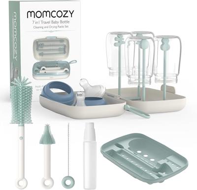 Momcozy Bottle Brush Set - Baby Bottle Cleaner Kit with Silicone Brush, Nipple Brush, Straw Brush, Soap Dispenser, Drying Rack - 7 in 1 Bottle Cleanin