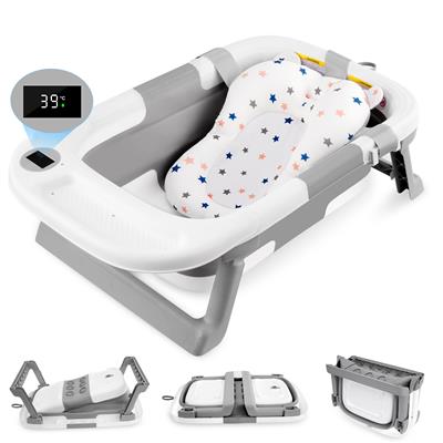 Folding Baby Bath Tub with Soft Support Cushion and Temperature Sensor, Anti-Slip Portable Travel Ba