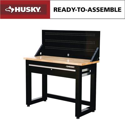 Husky 48 in. W x 20 in. D 1-Drawer Black Workbench with Pegboard and Solid Wood Top G4801S-US - The Home Depot
