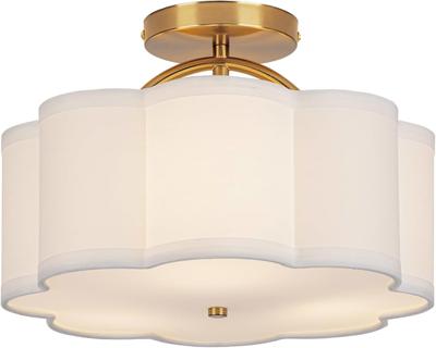 CALOKES Semi Flush Mount Ceiling Light, 11.8 Modern 3-Light Fixture with Petal-Shaped Cream White Fabric Shade and Golden Support Arm, Ideal for Bedro