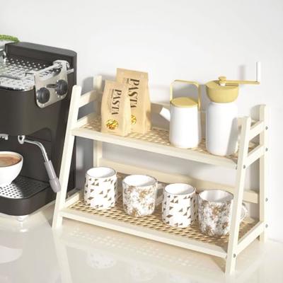 D-werack Wicker-Look Coffee Station Organizer, Bamboo Mug Holder Countertop, Kitchen Counter Shelf for Tea Coffee Bar Accessories, Matcha Stand, Cup D