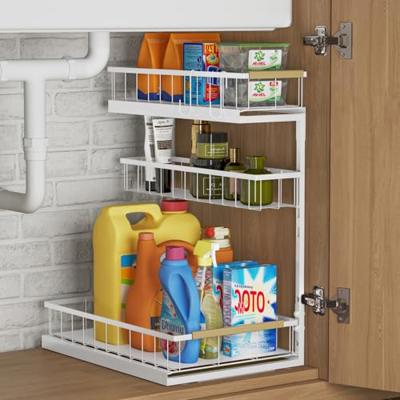Fantasnight Kitchen Under Sink Storage Organiser - 3 Tier Metal Undersink Organisation for Cupboard - 1 Pack White