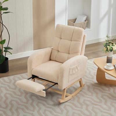 BTM teddy fabric rocking chair with footrest adjustable lounge armchair solid wood legs high back side pockets beige