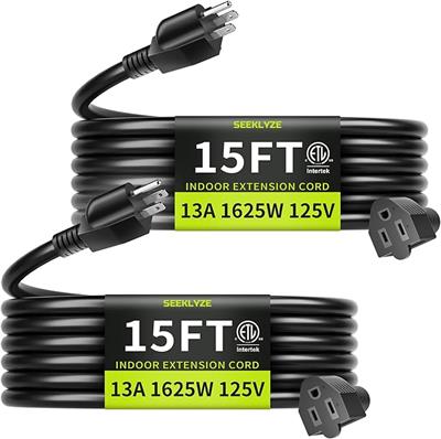 16/3 Black 15 FT (2Pack) Extension Cord, Indoor Extension Cord for Laptops, Coffee Makers, Office Home Appliances, 3 Prong Resistant Cable Flexible, 1