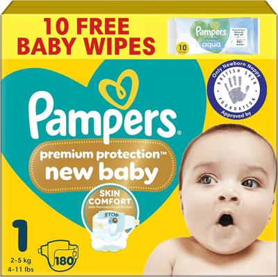 Pampers Premium Protection New Baby Size 1, 180 Nappies, 2kg-5kg, Monthly Pack, The Only Newborn Nappy Approved by British Skin Foundation : Amazon.co