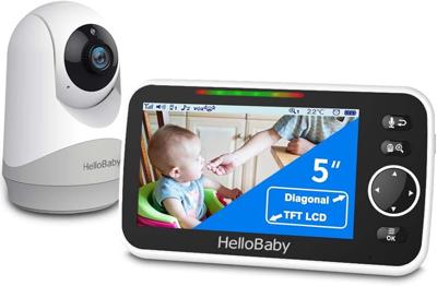 HelloBaby Monitor with Camera and Audio, 5 Large Screen with 3500mAh Battery, Remote Pan-Tilt-Zoom Camera, Two-Way Talk, ECO-Mode, Auto-Night Vision